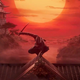 An Assassin in feudal Japan sits on a building at nightfall.